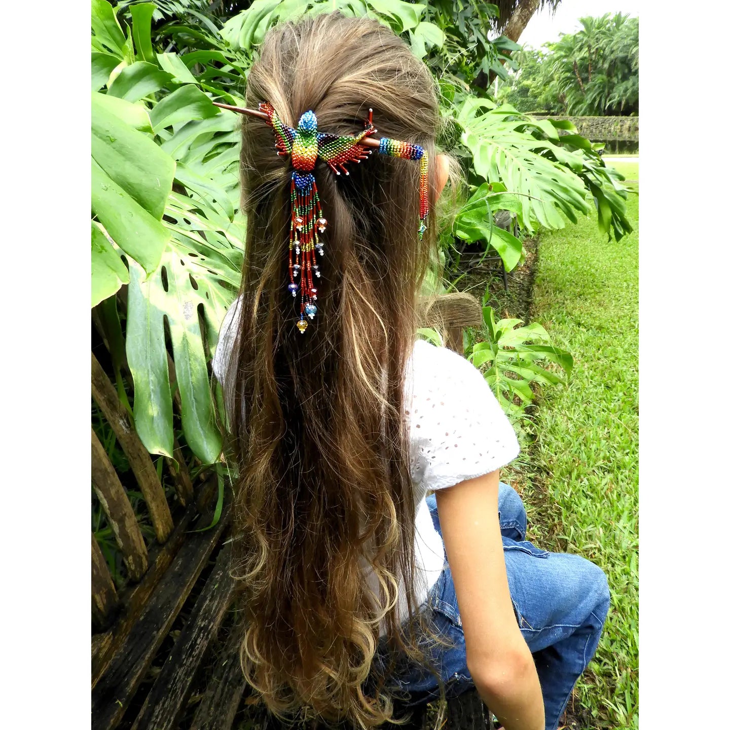 Beaded Hummingbird Seed Bead Fringe Barrette Hair Stick
