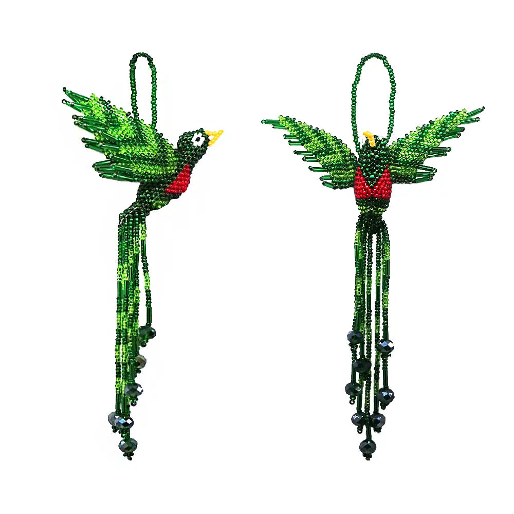 Beaded Quetzal Figurine Seed Bead Fringe Dangle Ornament