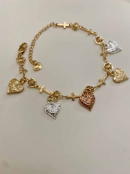 18k Gold-Filled Tricolor Venetian Heart Charm Bracelets