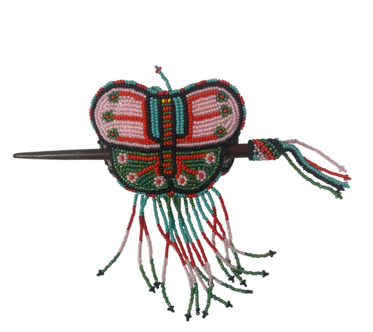 Large Beaded Butterfly Seed Bead Fringe Barrette Hair Stick