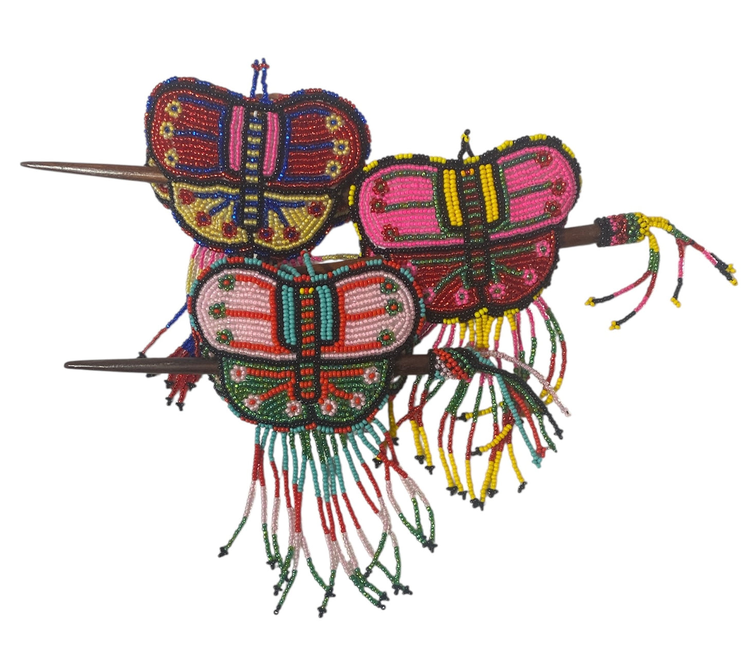 Large Beaded Butterfly Seed Bead Fringe Barrette Hair Stick