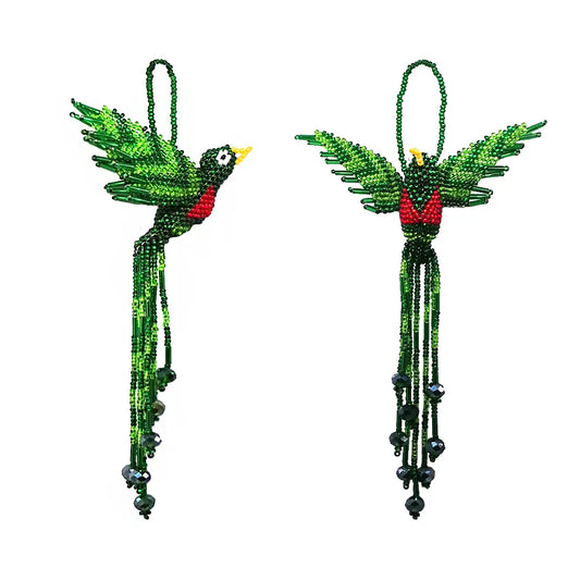 Beaded Quetzal Figurine Seed Bead Fringe Dangle Ornament